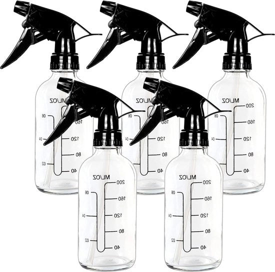 5 Bottiglie di Spray con Vandata - 250ML - Bottiglie di Spray trasparenti - Flessi di neve riutilizzabili - Trattore di spruzzo Nero - misuratore