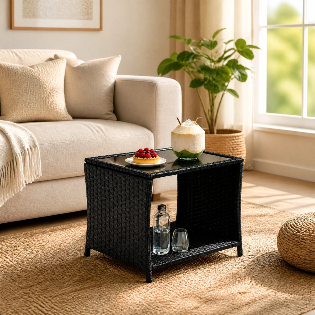 TAVOLO DA GIARDINO IN POLYRATTAN CON VANO PORTAOGGETTI 45 x 45 x 40 cm NERO