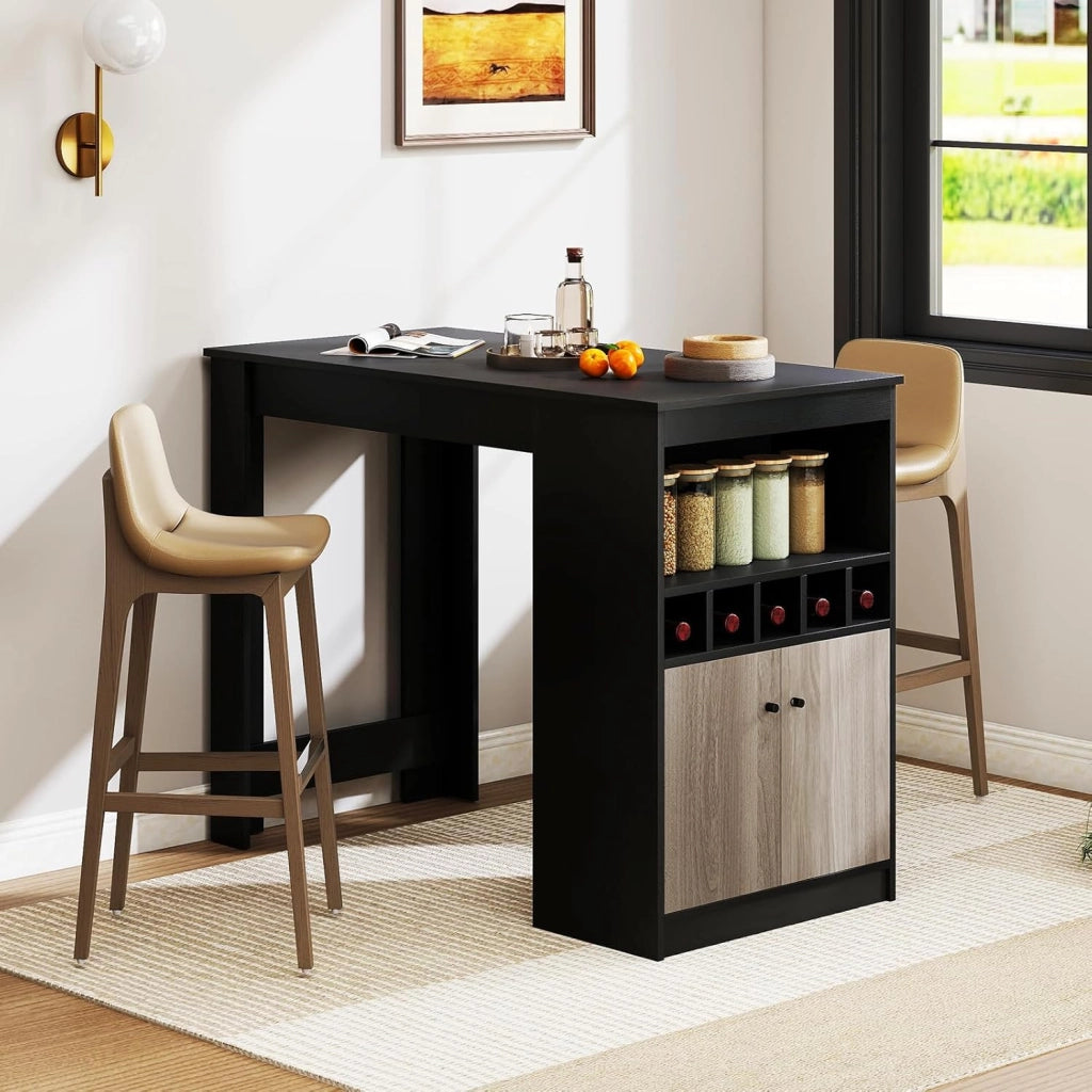 Bancone da cucina con spazio di archiviazione, tavolo da pranzo con portabottiglie e ripiani aperti e porta, bancone da bar, piano alto, tavolo da bar in piedi, in legno, 120 x 60 x 91,5 cm