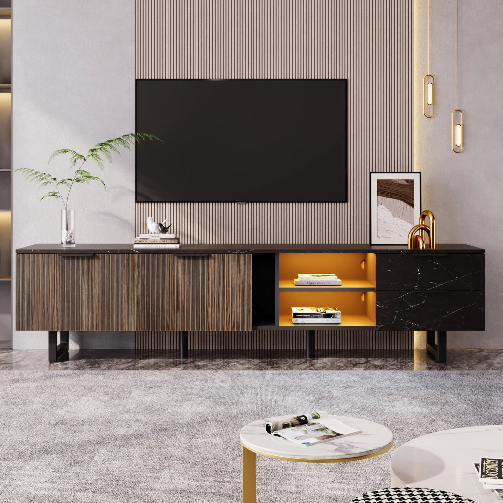 Mobile TV con 2 Ante; 2 Cassetti e LED Multicolore; Effetto Marmo Nero; in MDF; Nero e Legno; 200??38??50 cm