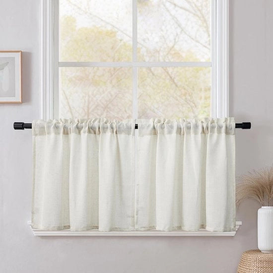 Set di tende di vetro da 2 - Tende a struttura in lino - Semitrasparenti - Tende per la cucina - Bianco crema - H 60 x L 90 cm