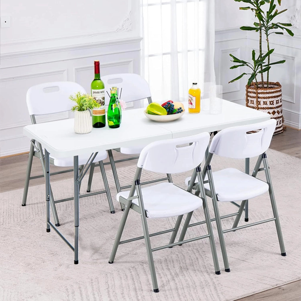 Tavolo Pieghevole Regolabile in Altezza, Tavolo Campeggio Richiudibile e Portatile con Maniglia di Trasporto, Tavolo Picnic Salvaspazio in HDPE, Telaio in Ferro, 120 x 60 x 74,5 cm, Bianco