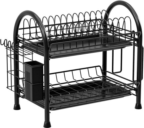 Raccoglitore da cucina a più livelli per il piano di lavoro, con scarico, display raccoglitore in acciaio inox e raccoglitore a pavimento spaziale per piatti e tazze, nero.