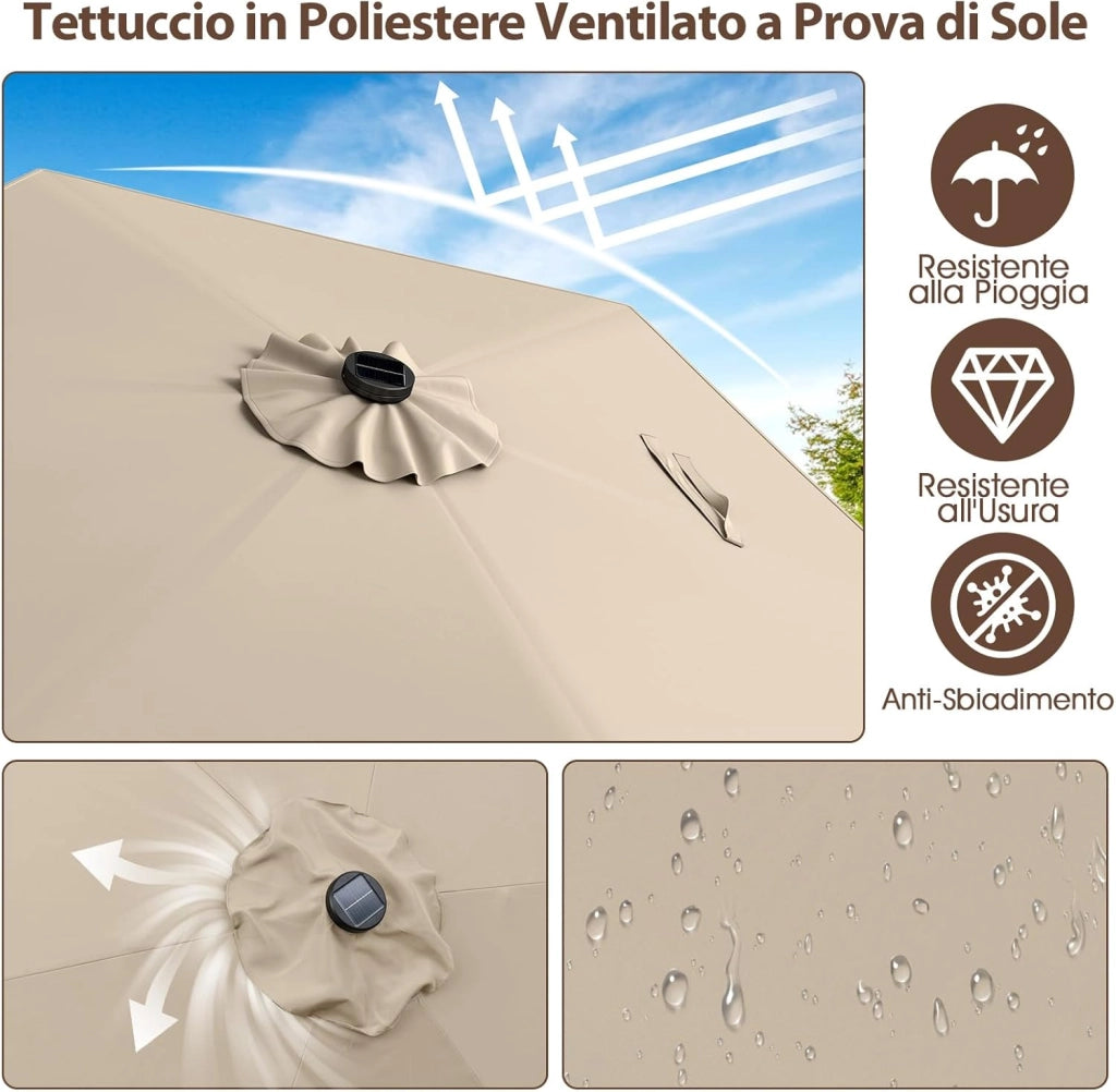 Ombrellone da Giardino 230 cm, Ombrello per Esterni con inclinazione Regolabile, 18 Luci LED, Manovella e Tettuccio Ventilato, Ombrello per Giardino, Cortile, Piscina (Beige)