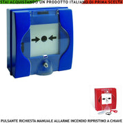 PULSANTE MANUALE DI ATTIVAZIONE BLU RICHIESTA INTERVENTO INCENDIO RIPRISTINO A CHIAVE SBLOCCA PORTE REI EN 54-11 CPD