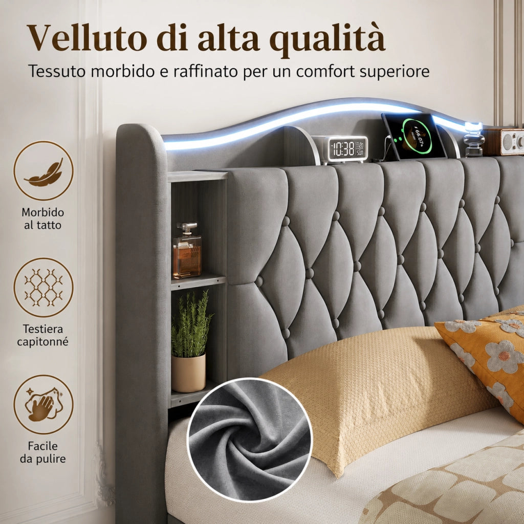 Letto matrimoniale con contenitore idraulico 140x190cm, testiera velluto grigio, luci LED RGB, ricarica USB‑wireless, scomparti porta‑oggetti