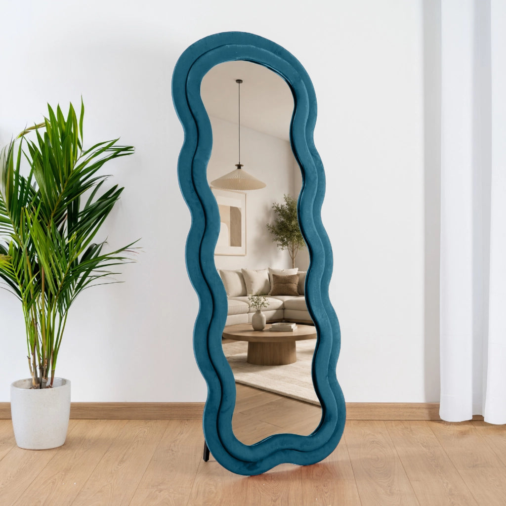 Specchiera da Terra 170x70 cm Design Ondulato Rivestita in Velluto con Supporto in Metallo Specchio Figura Intera Moderno per Camera da Letto Soggiorno Cabina Armadio Petrolio