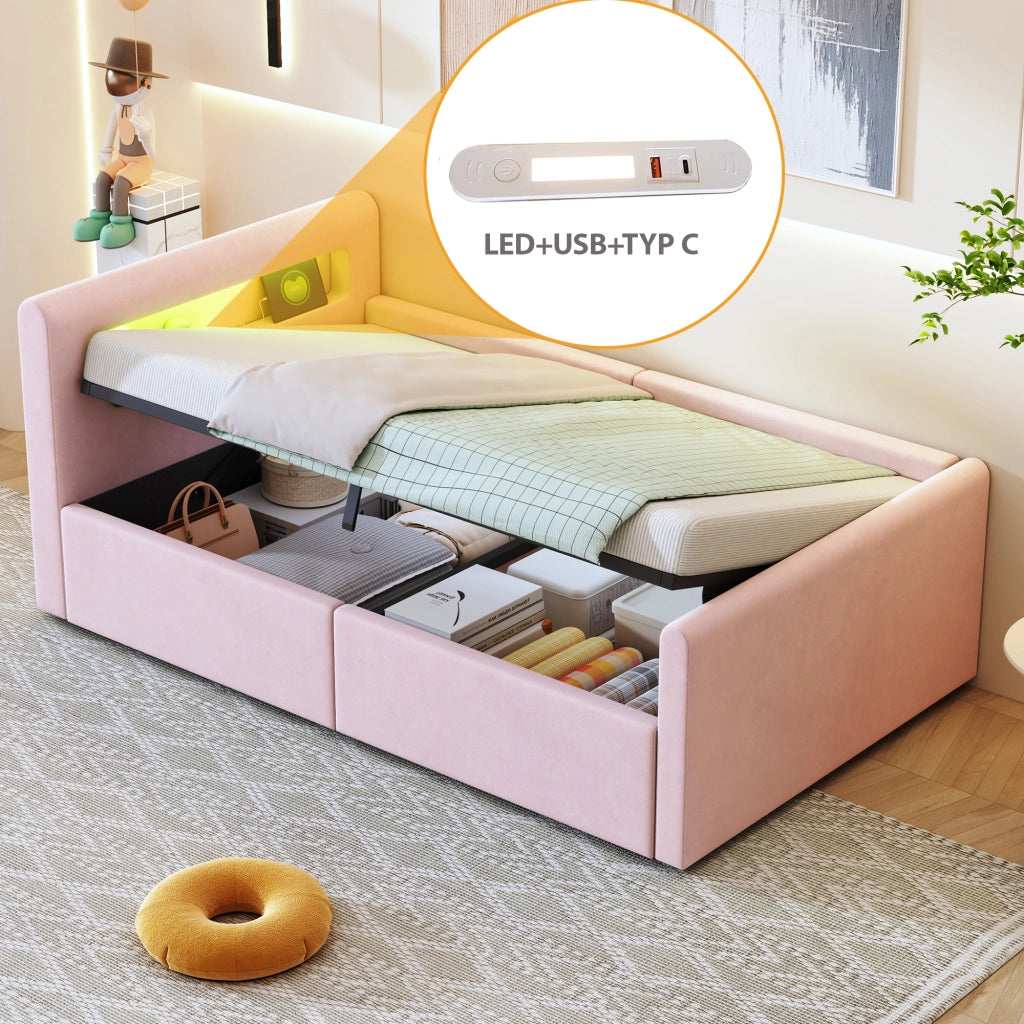 Letto 90x200 cm - Letto imbottito,Con luce notturna,Porta di ricarica USB,Con vani portaoggetti,Velluto,Funzione di accumulo idraulico,Rosa