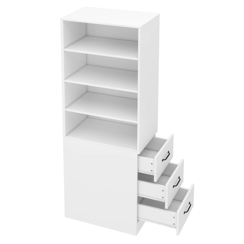 Libreria alta slim 180 cm bianca con 3 cassetti laterali, ripiani regolabili, ideale per spazi piccoli
