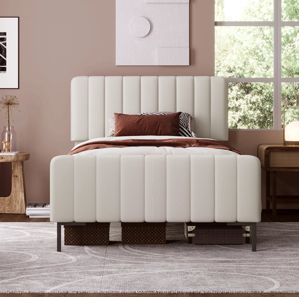 Letto singolo imbottito 90x200 cm con testiera regolabile e rete; grigio-beige