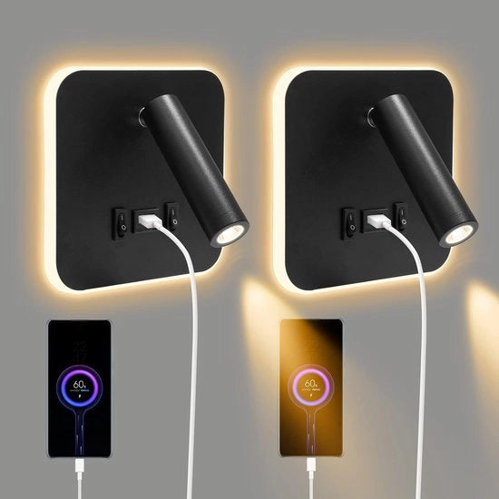 Set di 2 lampade da parete LED per interni, comprensivo di una lampada da lettura con interruttore, 360° regolabile, una lampada da notte da 3000K e un puntino regolabile (nero).