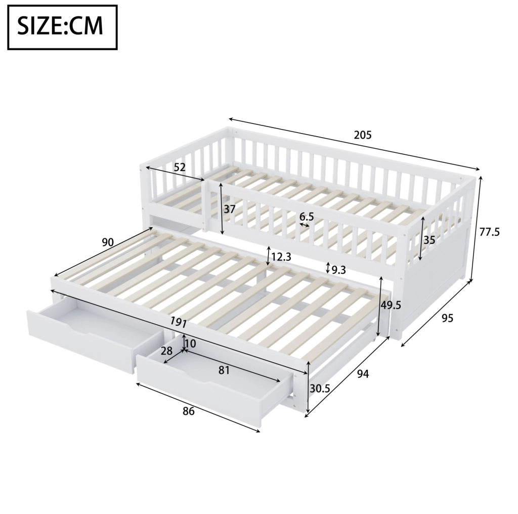 Letto divano in legno 90x200 cm con letto estraibile, bianco