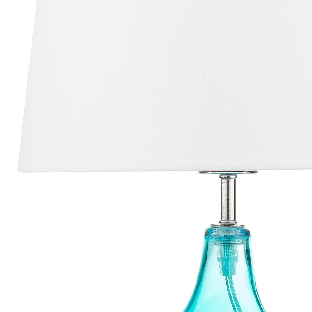 Lampada da Tavolo Turchese e Bianco con Base in Vetro Trasparente Paralume Tamburo in Poliestere Design Moderno