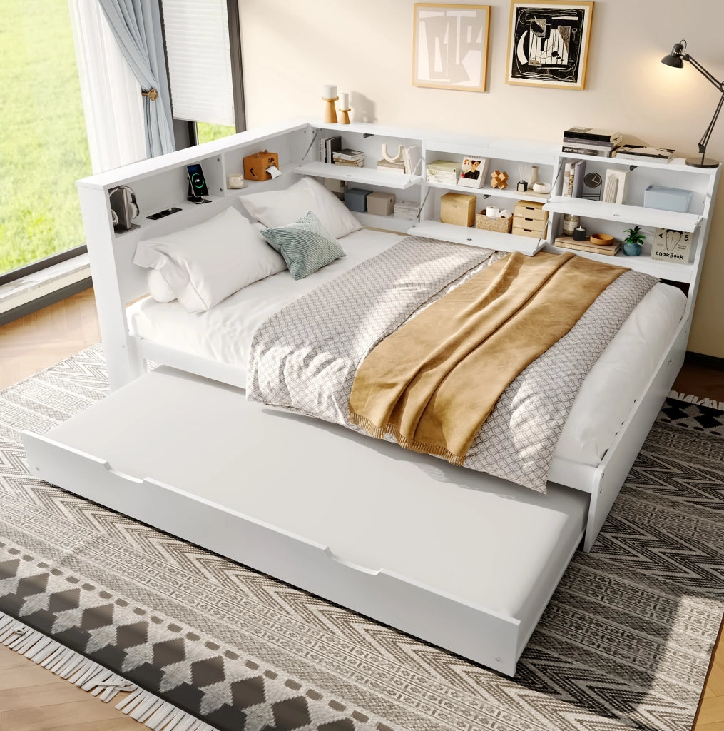 Letto 140x200 cm con letto estraibile e vano testiera in pino bianco