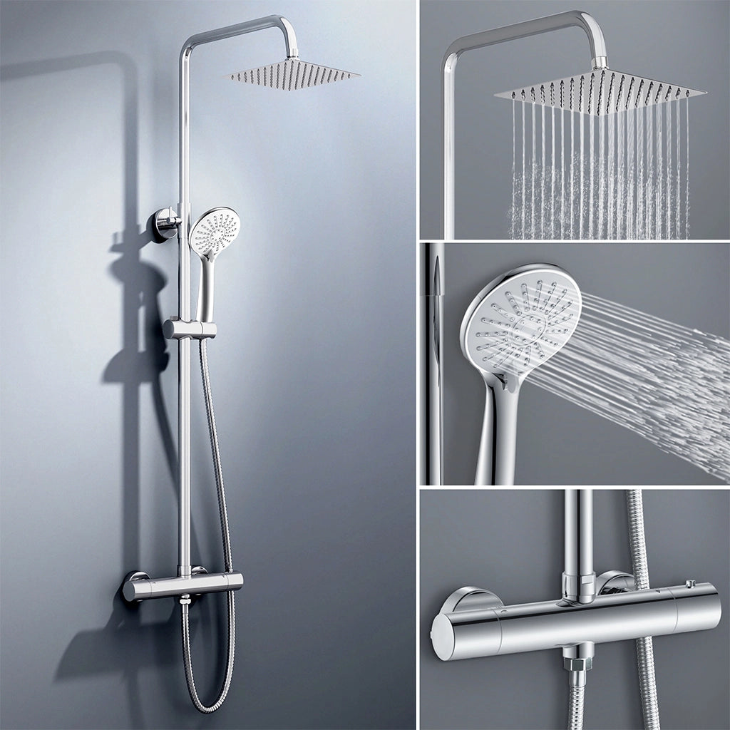 colonna doccia rotonda completo di miscelatore termostatico cilindro, soffione quadrato 20x20cm, cromo