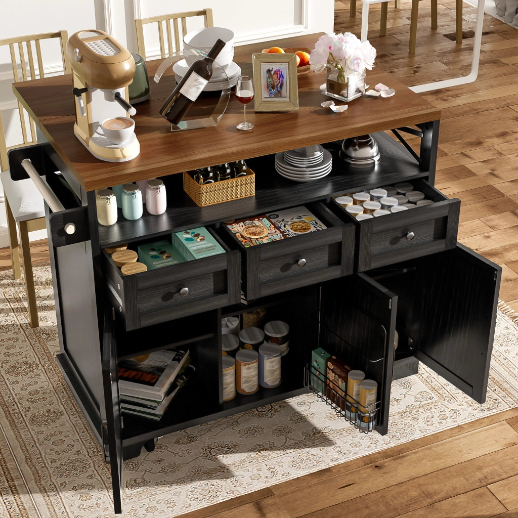 Carrello da Cucina con 3 Cassetti e 1 Anta; Piano Pieghevole; Portasciugamani e Ruote; in MDF e Metallo; Nero