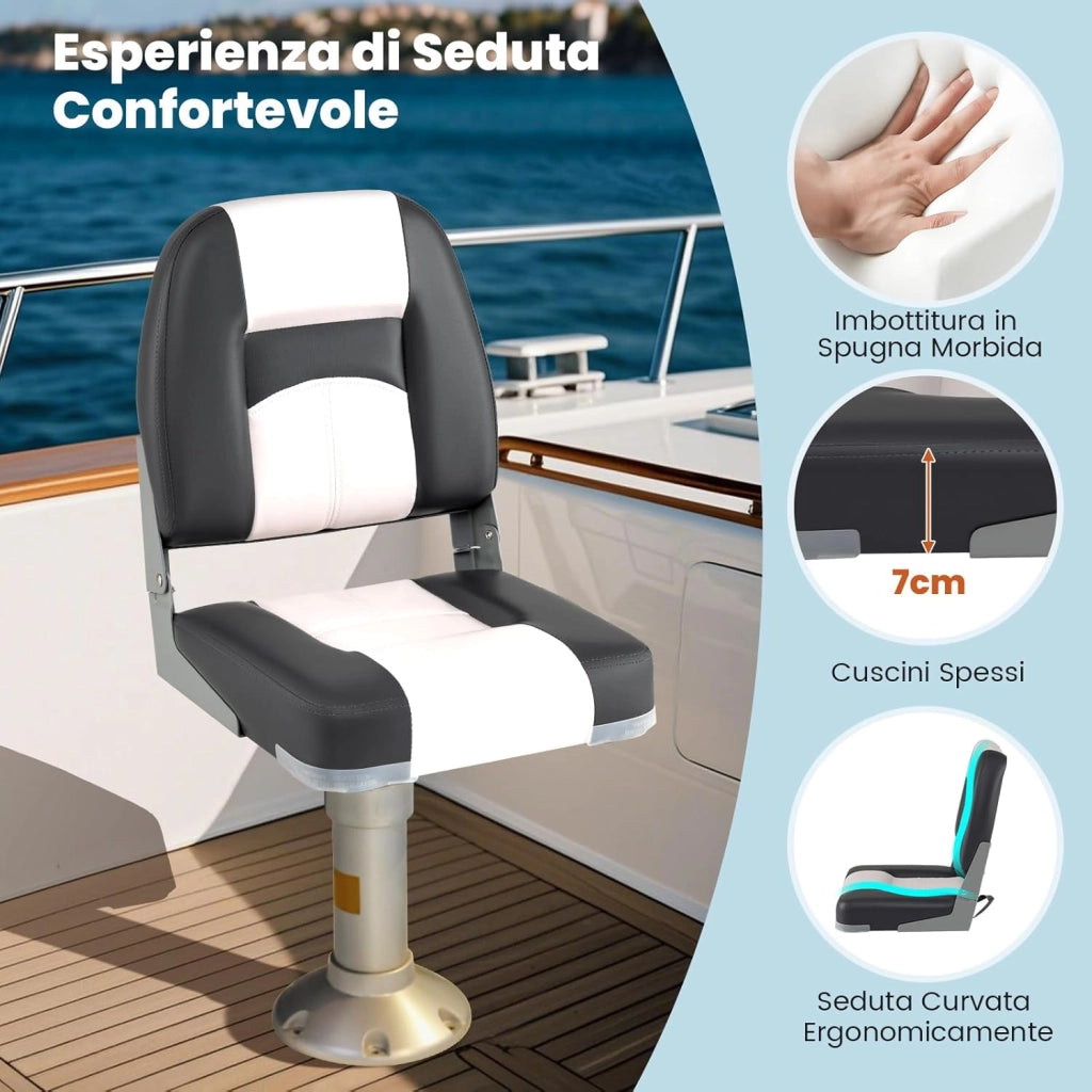 Set di 2 Sedie da Barca, Sedili Alti da Barca Pieghevole Morbide Imbottite Spesse, Sedile Nautica Ergonomico per Imbarcazioni da Pesca, 42 x 49 x 51 cm, Grigio e Bianco