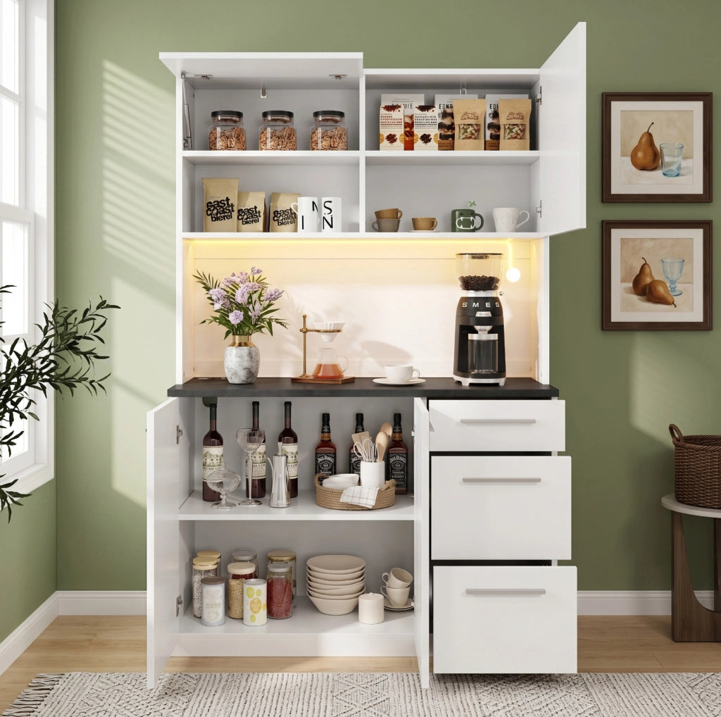 Credenza alta 120x40x180 cm con ampio spazio; prese integrate e LED multicolore; truciolare bianco