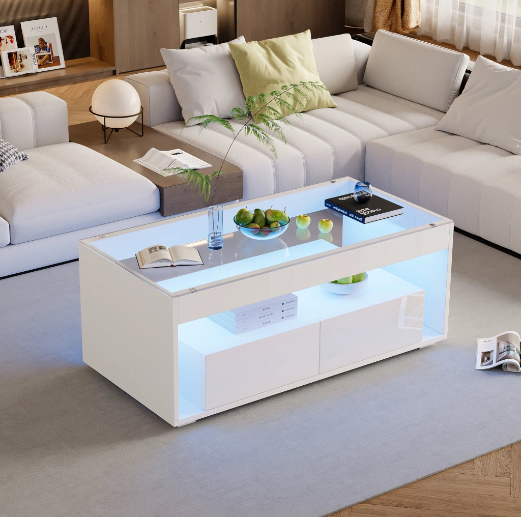 Tavolino da caffè LED bianco 100x50x40 cm con 2 cassetti
