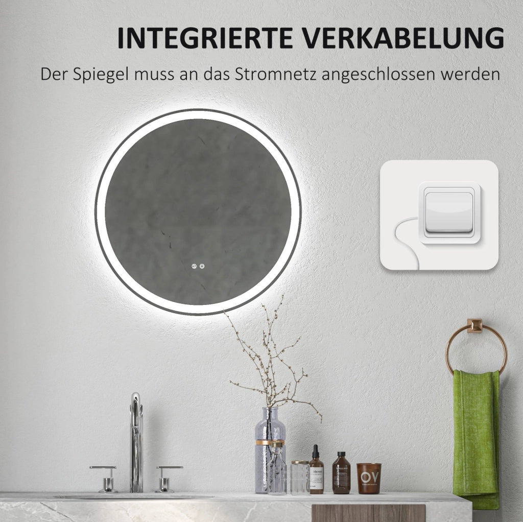 Specchio da bagno LED Ø 60 cm con touch, funzione memoria e antiappannamento, cornice in alluminio