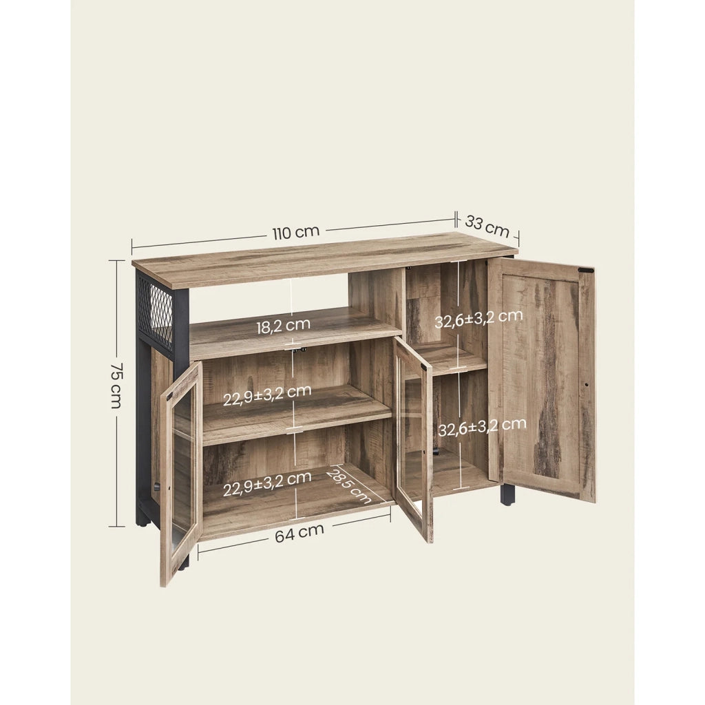 Mobile contenitore con credenza e armadio a 3 ante per sala da pranzo soggiorno cucina 110 x 33 x 75 cm stile industriale marrone 12_0006426