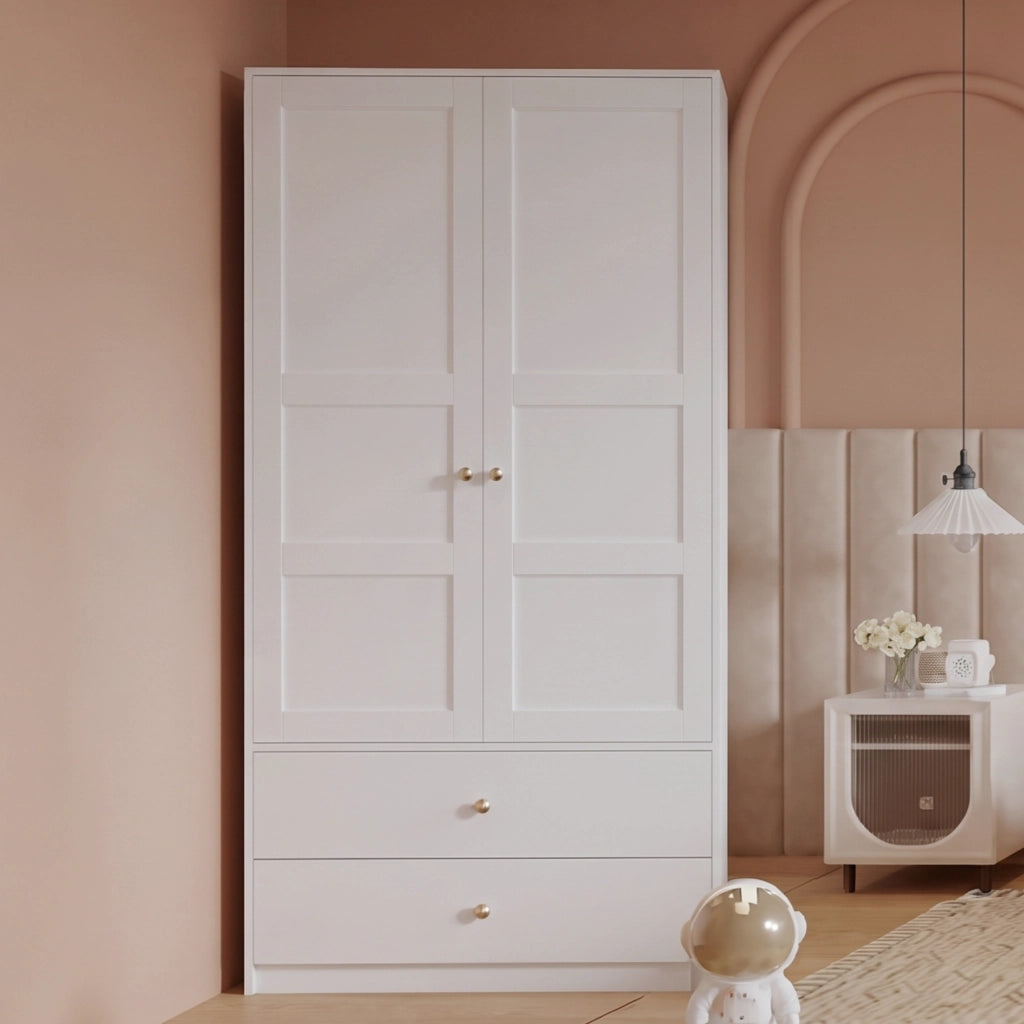 Armadio 2 ante con 2 cassetti e barra appendiabiti in MDF bianco per camera da letto 100 × 48 × 180 cm