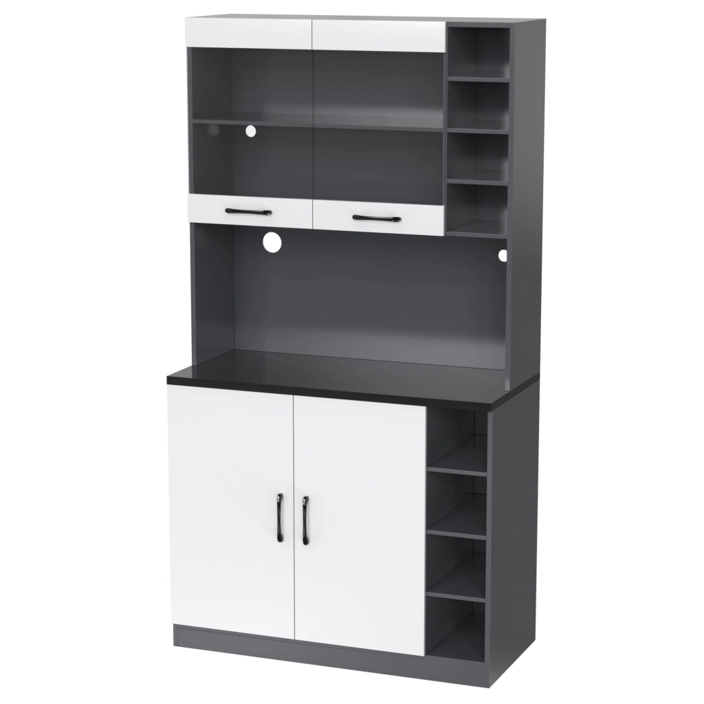 Credenza cucina moderna 100x47x187 cm con LED, ripiani regolabili e vano per microonde, bianco/grigio