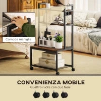 Carrello Porta Stampante a 4 Livelli con Prese di Corrente, Ruote e Telaio in Metallo, 55x37.5x100 cm, Marrone