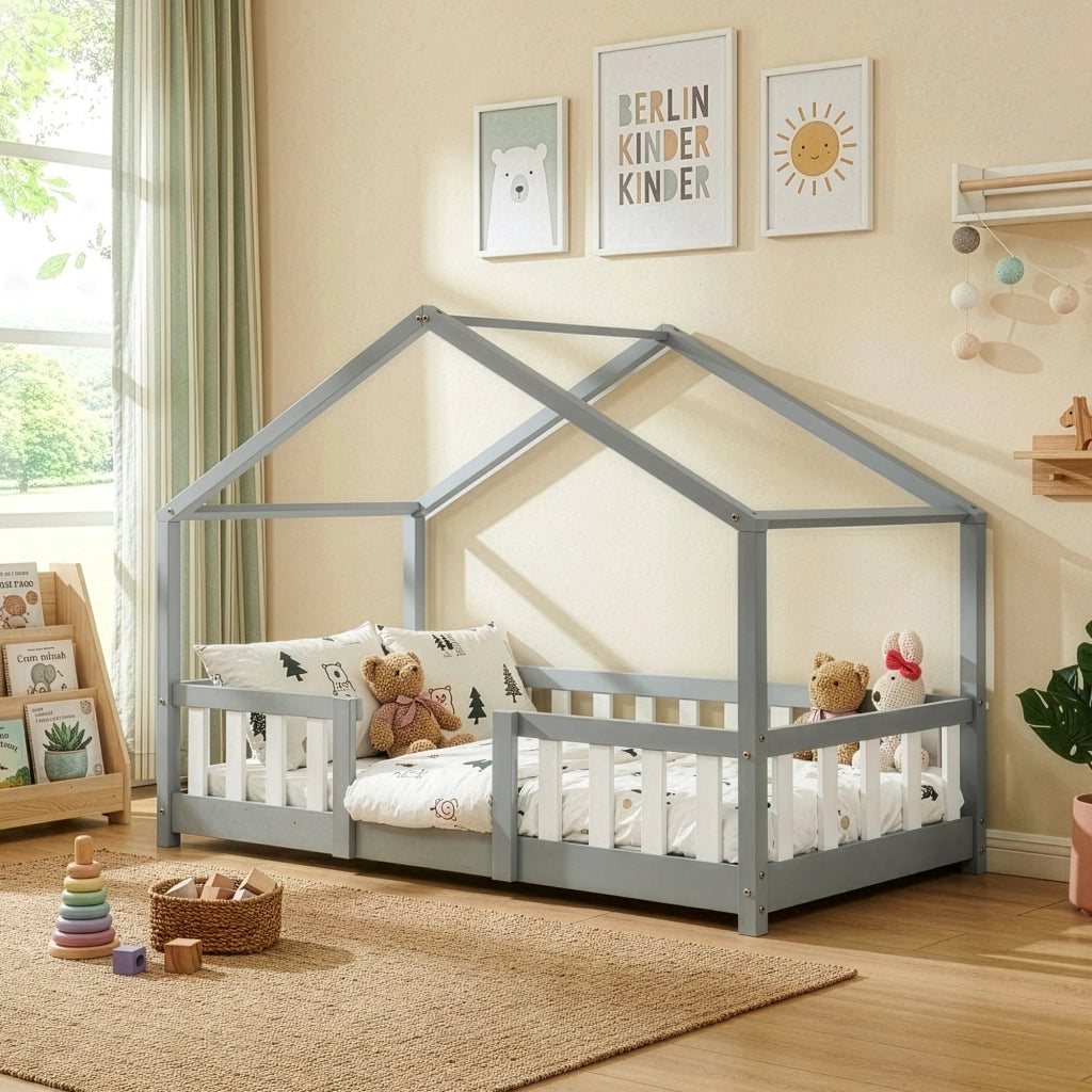 Letto per Cameretta Treviolo a Forma di Casetta in Stile Montessori 80x160 cm Grigio Chiaro/Bianco [en.casa]