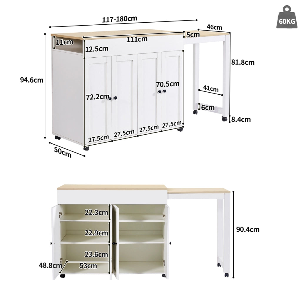 Tavolo Estensibile per 4-6 Persone con 6 Vani e Ripiani Regolabili in MDF 117-180 x 50 x 94;6 cm Bianco