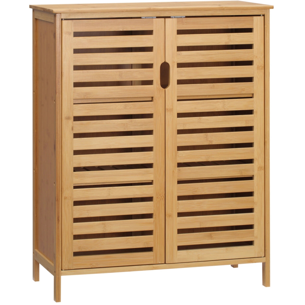 Mobile bagno in bambù con 2 ante a lamelle e ripiani, 68x32x86 cm