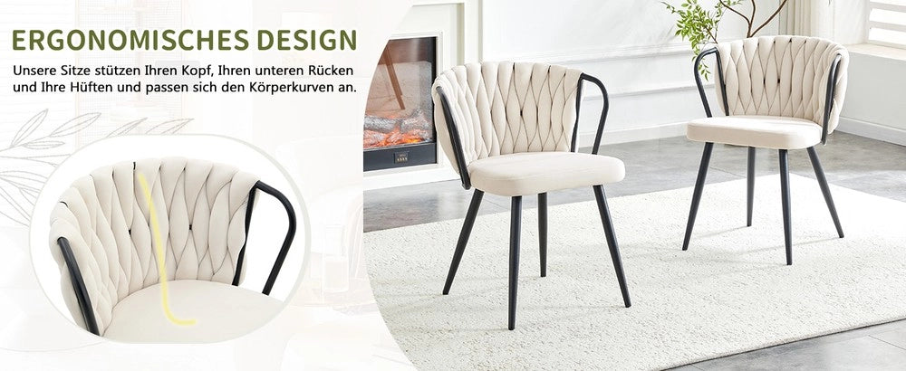 Sedia da Pranzo Imbottita in Velluto con Schienale Intrecciato ¨C MINIMAL ¨C Beige/Nero, Gambe in Metallo