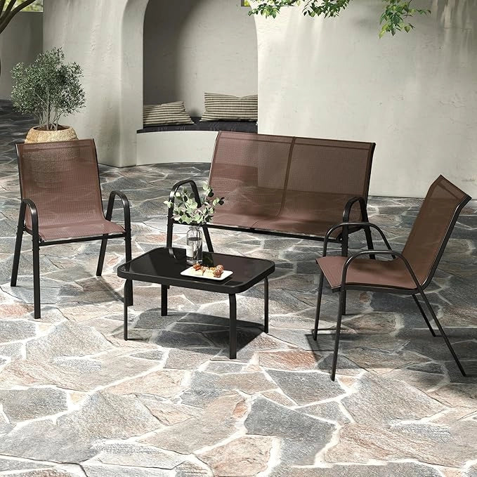Set Tavolo e Poltrona da Giardino, Set di Mobili 4 Pezzi per Esterno, con Tavolino in Vetro Temperato, Panca e 2 Poltrone, per Giardino Balcone Piscina (Marrone)