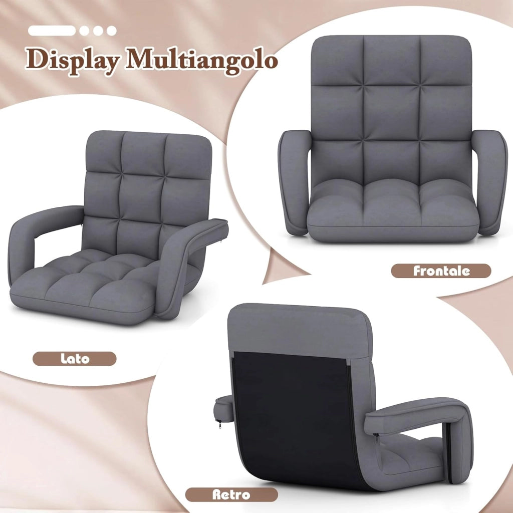 Sedia da Pavimento con Supporto Lombare, Poltrona Divano Regolabile a 6 Posizioni con Braccioli, Chaise Lounge per Soggiorno Camera da Letto, 60x64x54 cm