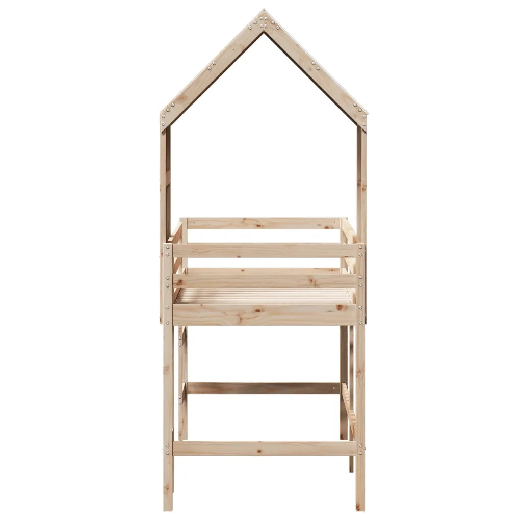 Letto Soppalco con Scala e Tetto 80x200 cm Legno Massello Pino
