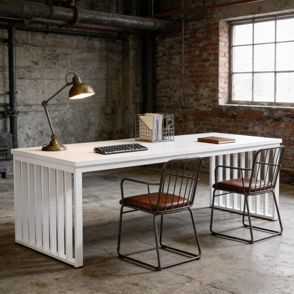 Scrivania doppia da ufficio 180 x 60 cm, piano in MDF, struttura in metallo, bianco