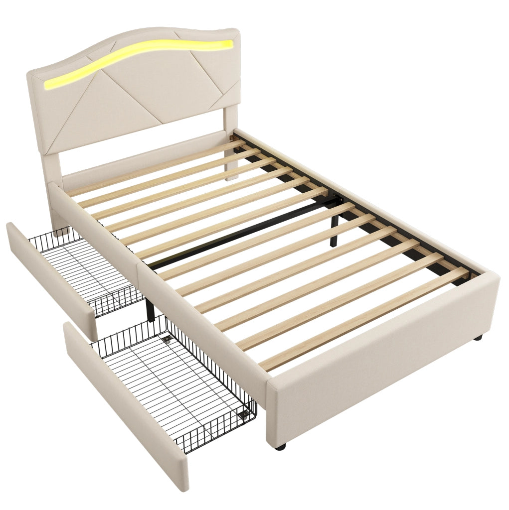 Letto 90x200 cm con LED; 2 cassetti e testiera regolabile in lino