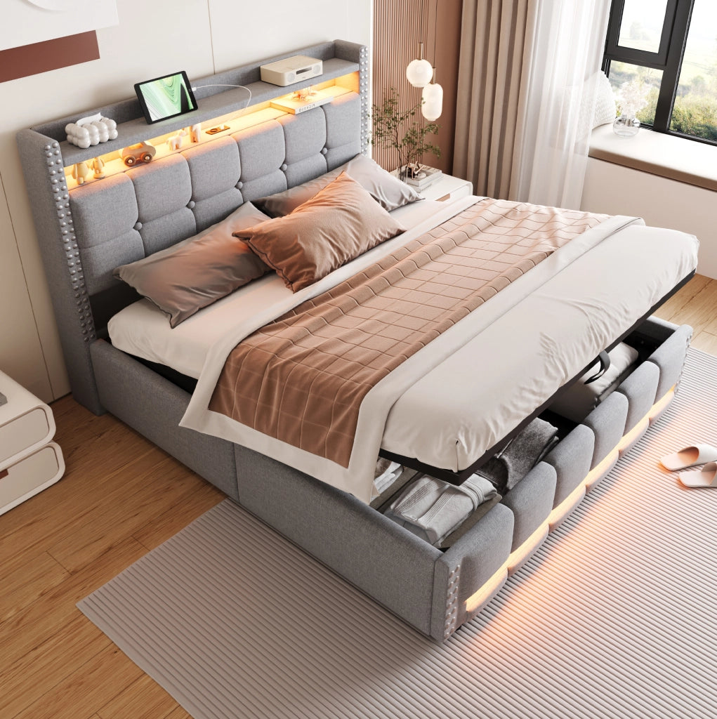 LETTO Imbottito 160x200 cm Grigio Chiaro con LED, USB e contenitore