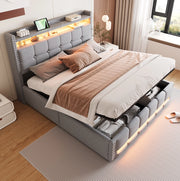 LETTO Imbottito 160x200 cm Grigio Chiaro con LED, USB e contenitore