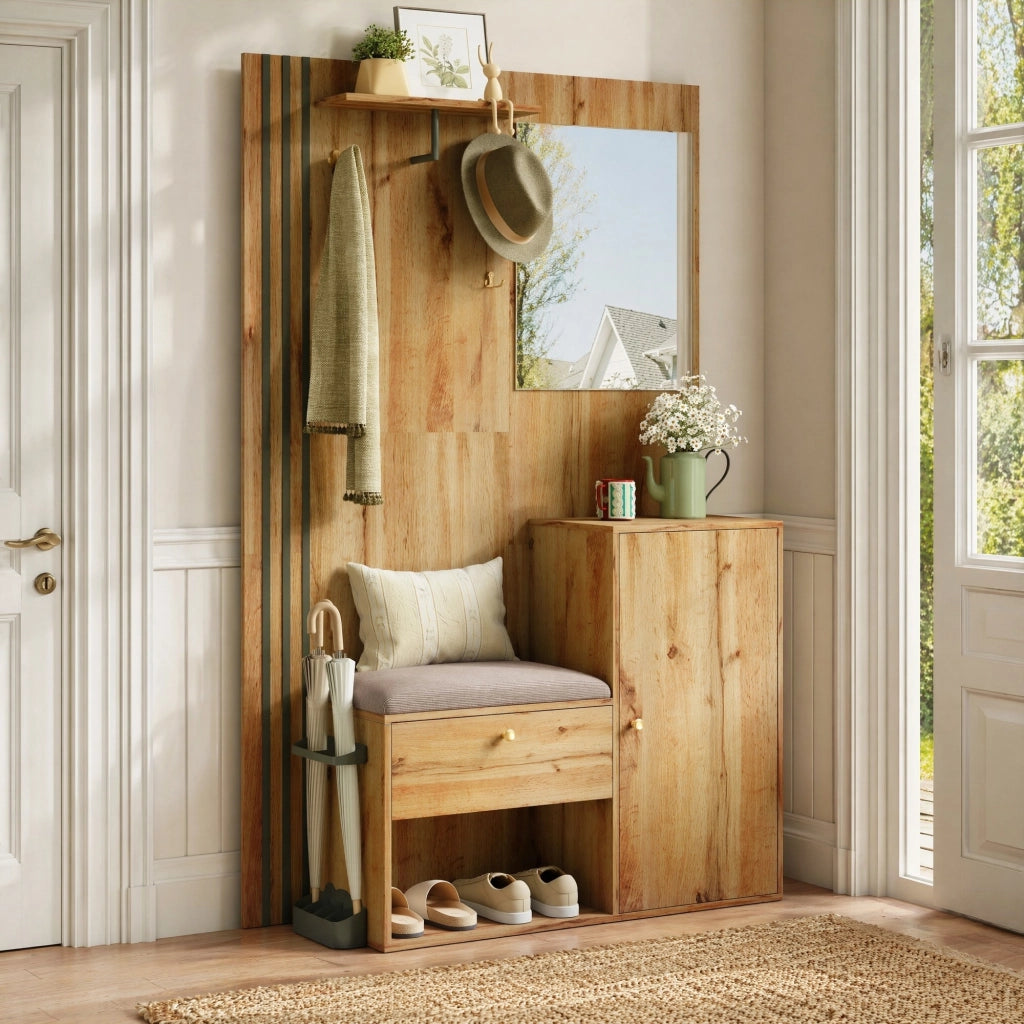 Garderoba da ingresso con specchio e panca 115x37x185 cm in MDF naturale e nero