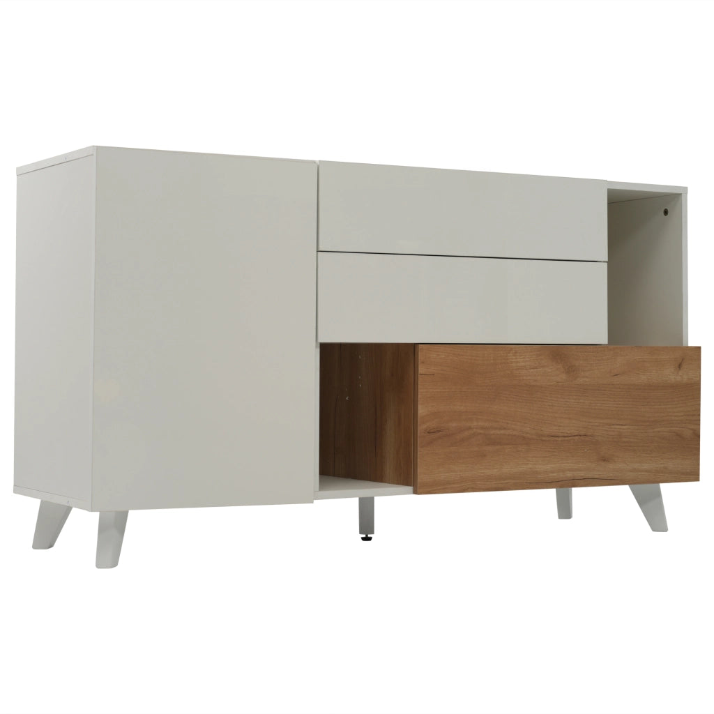Sideboard moderno 130x40x70 cm in truciolare bianco lucido e rovere chiaro