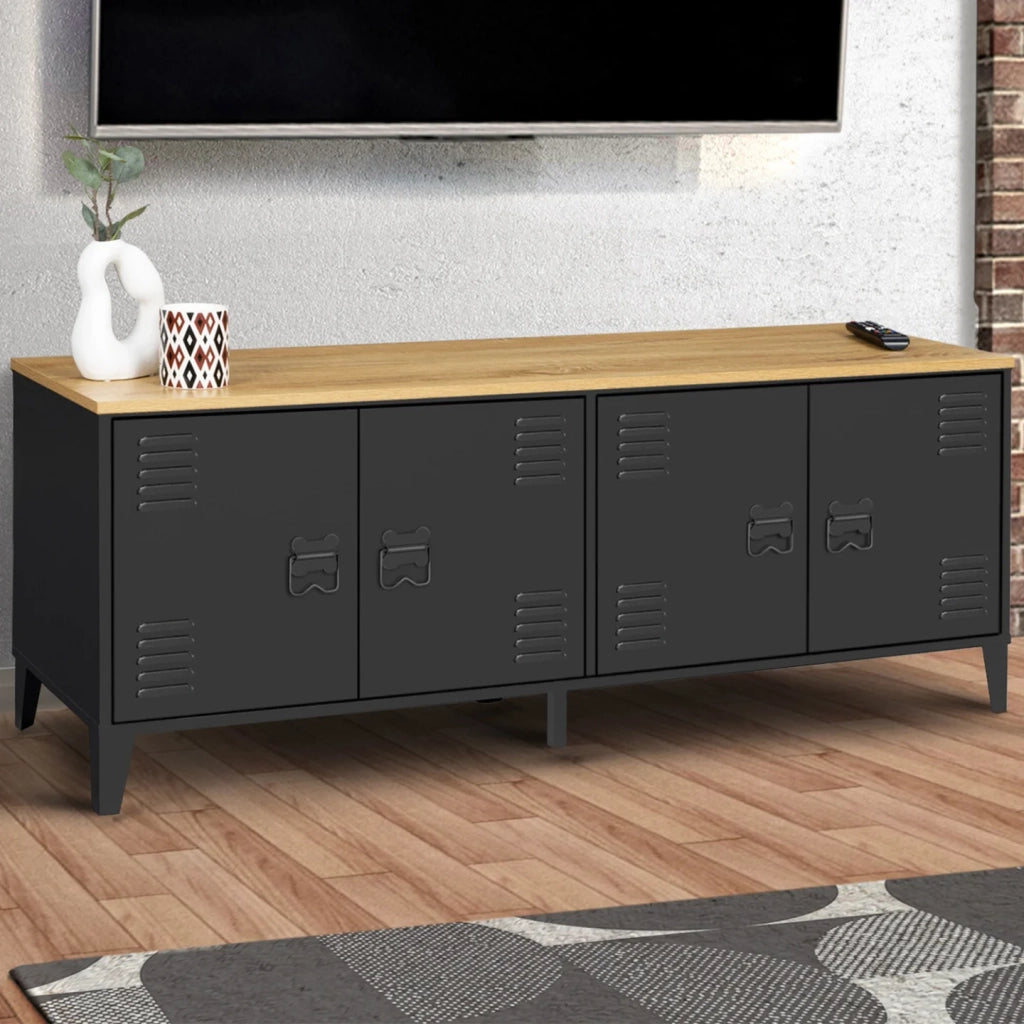IDMarket - Credenza bassa ESTER 140 cm con 4 ante in metallo nero e piano in legno dal design industriale