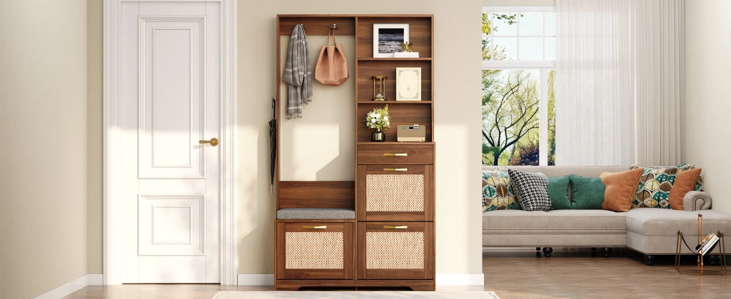 Mobili da ingresso con panca, 3 ante ribaltabili, cassetto, ripiani aperti e ganci, in MDF, noce, 100 × 30 × 170 cm