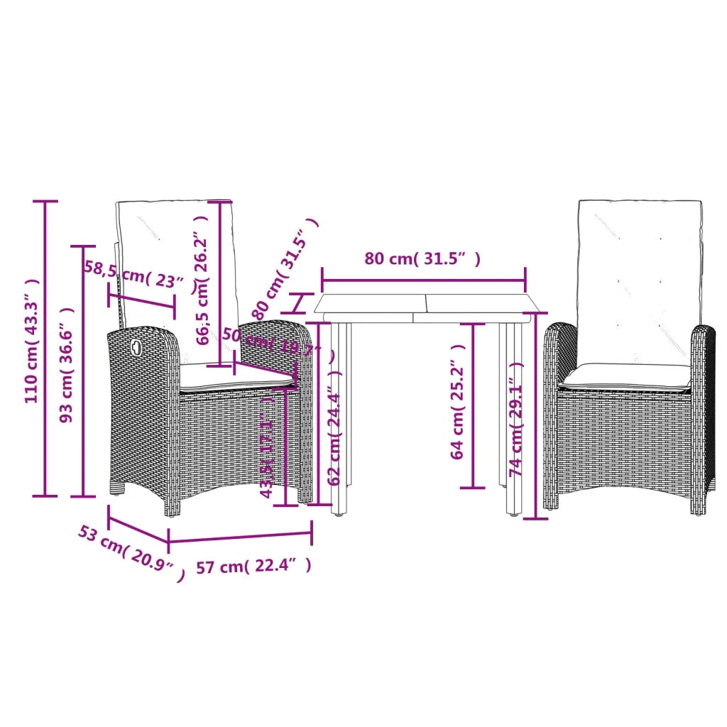 Set da Pranzo da Giardino 3 pz con Cuscini Beige in Polyrattan 3212380