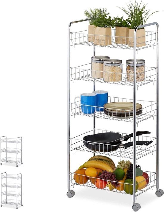 Trolley per cucina a 5 livelli 4 ruote - Trolley per cucina, bagno, ufficio - Carrello - HBT 91,5 x 405 x 265 cm - Argento
