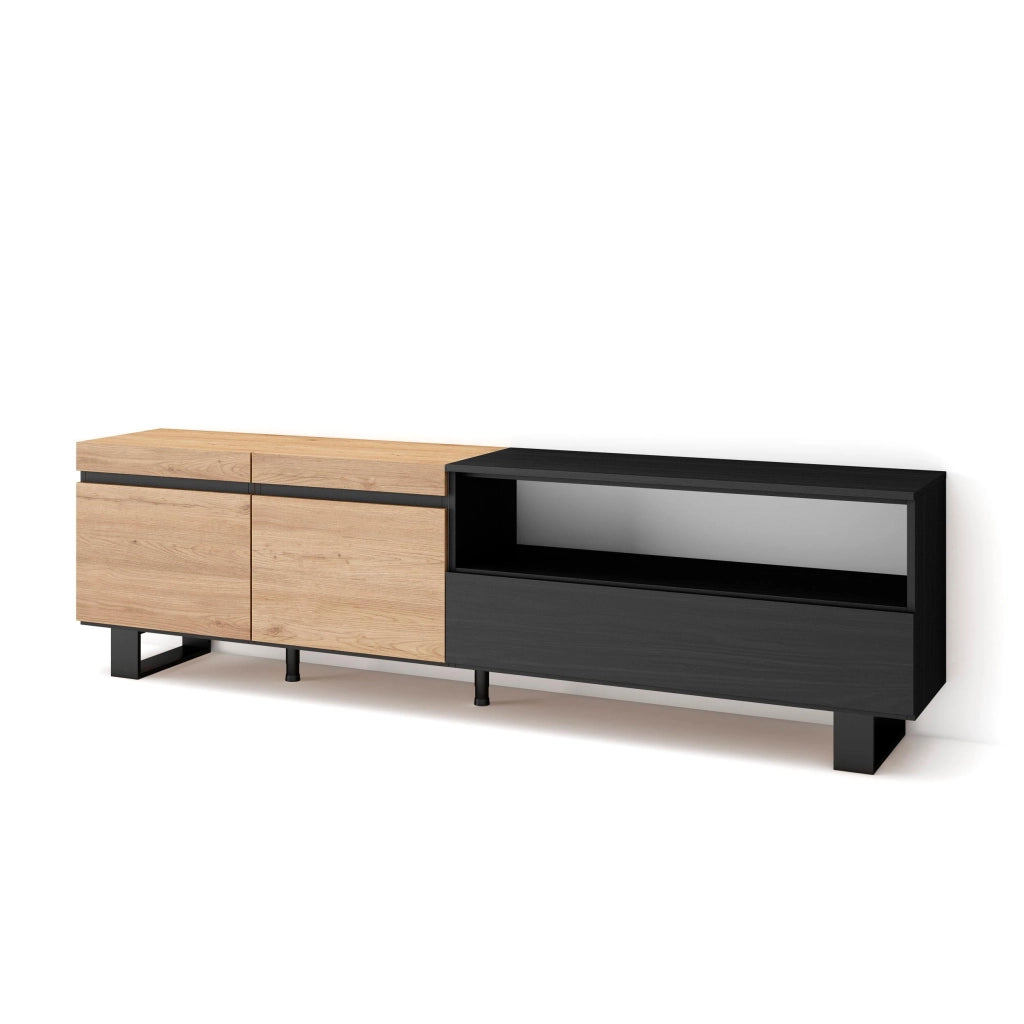 Mobile TV, 200x35x57cm, soggiorno, Per TV fino a 80", Design industriale, colore Rovere e nero RF2263