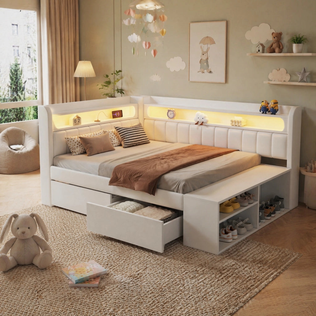Divano letto imbottito con USB LED 7 colori armadietto portascarpe e 2 cassetti in MDF e tessuto bianco 90 × 200 cm