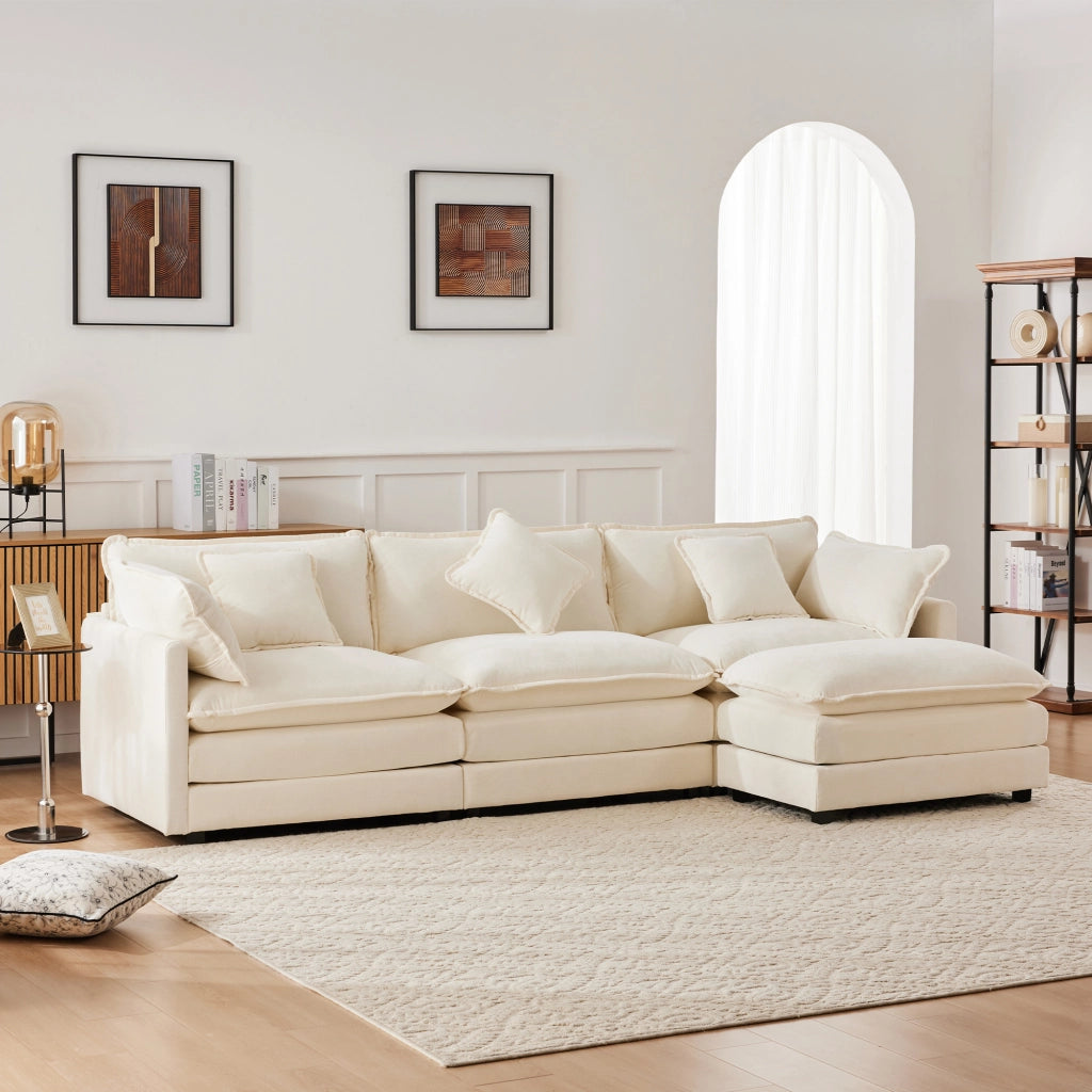 Divano angolare reversibile 3 posti con cuscini bracciolo e cuscino lombare, in Chenille Beige