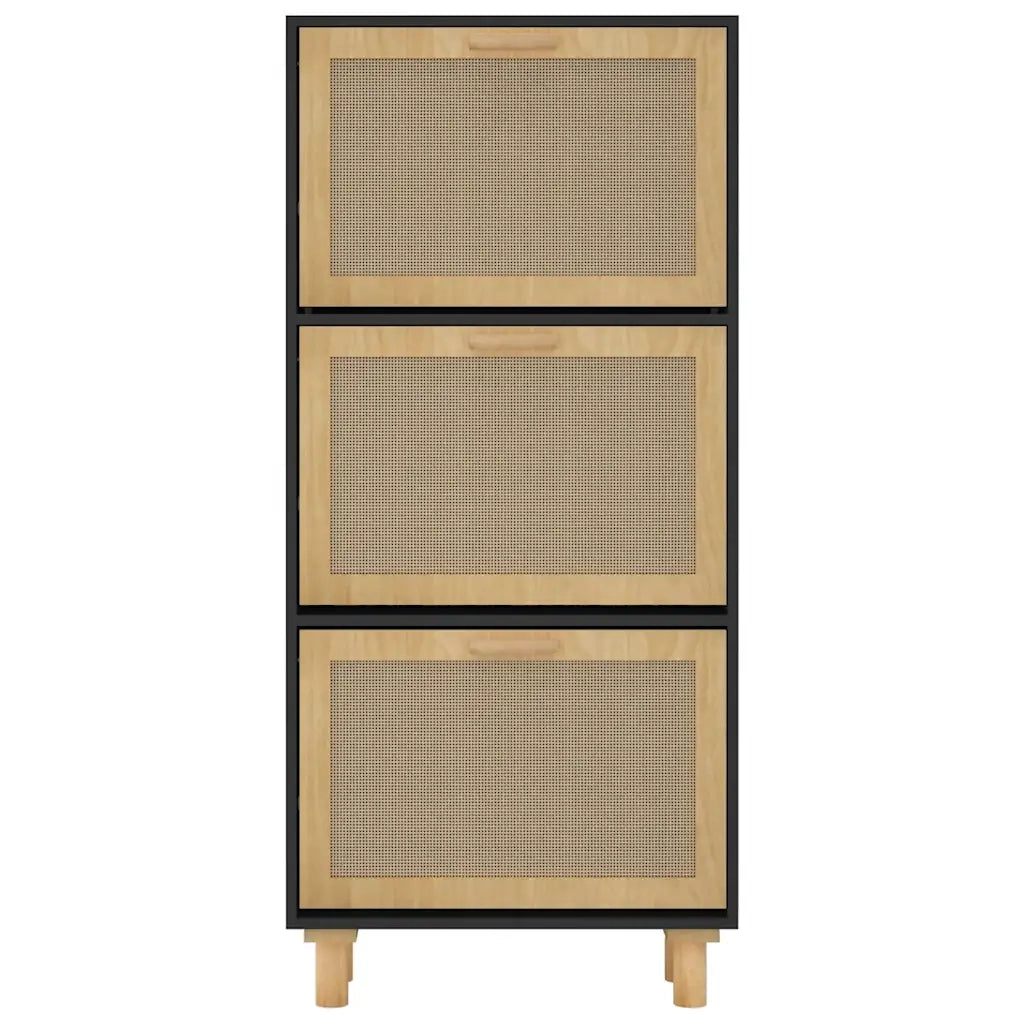 Scarpiera Nero 52x25x115cm Legno Multistrato e Rattan Naturale 345649