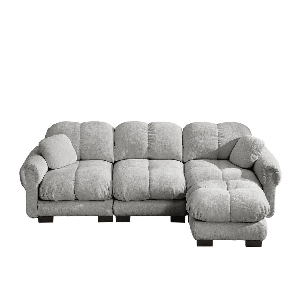 Divano angolare 3 posti ¨C Minimal ¨C grigio chiaro, velluto trapuntato, con poggiapiedi e cuscini